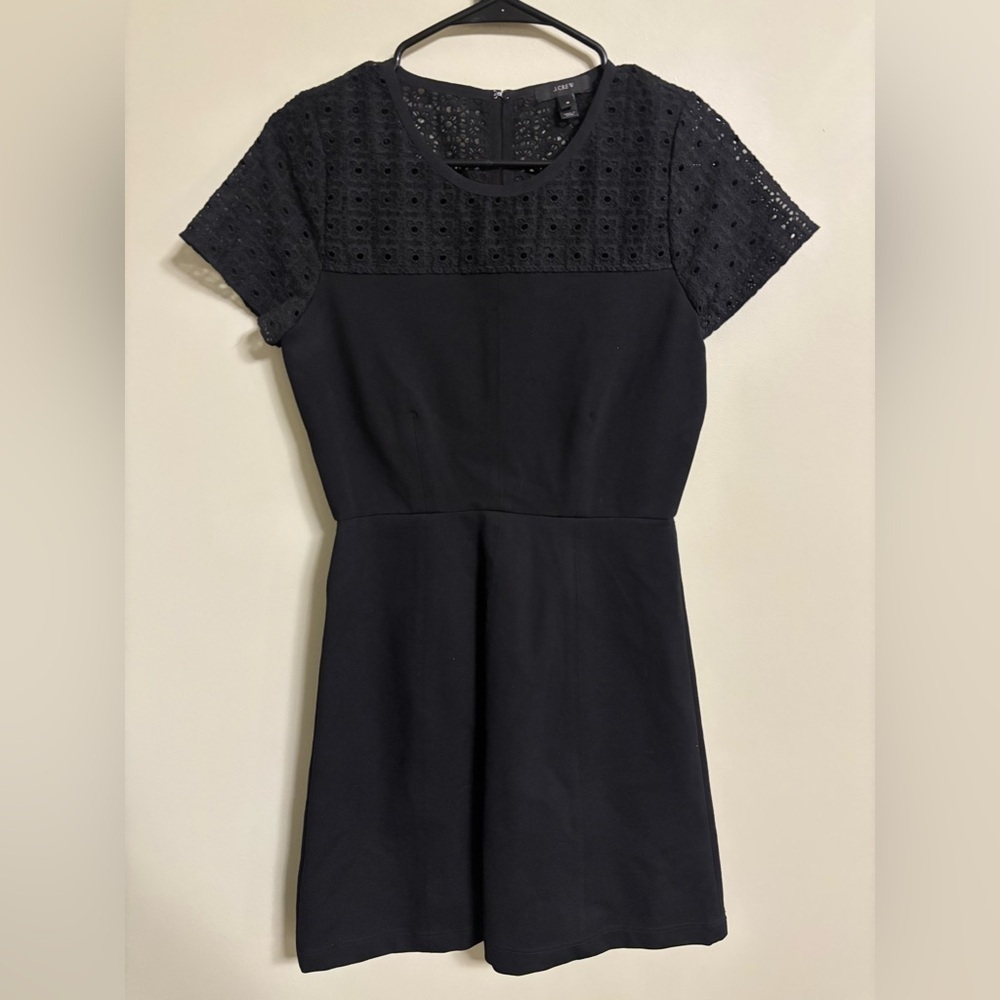 J. Crew Dress Stretch Eyelet Lace Yoke Crochet  A-Line Fit Flare Black Size 4